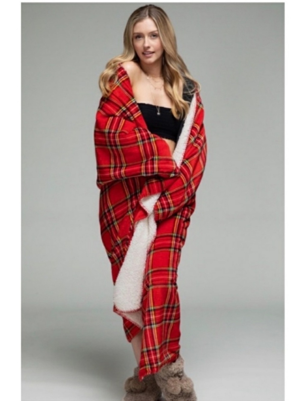 Plaid sherpa throw blanket red
